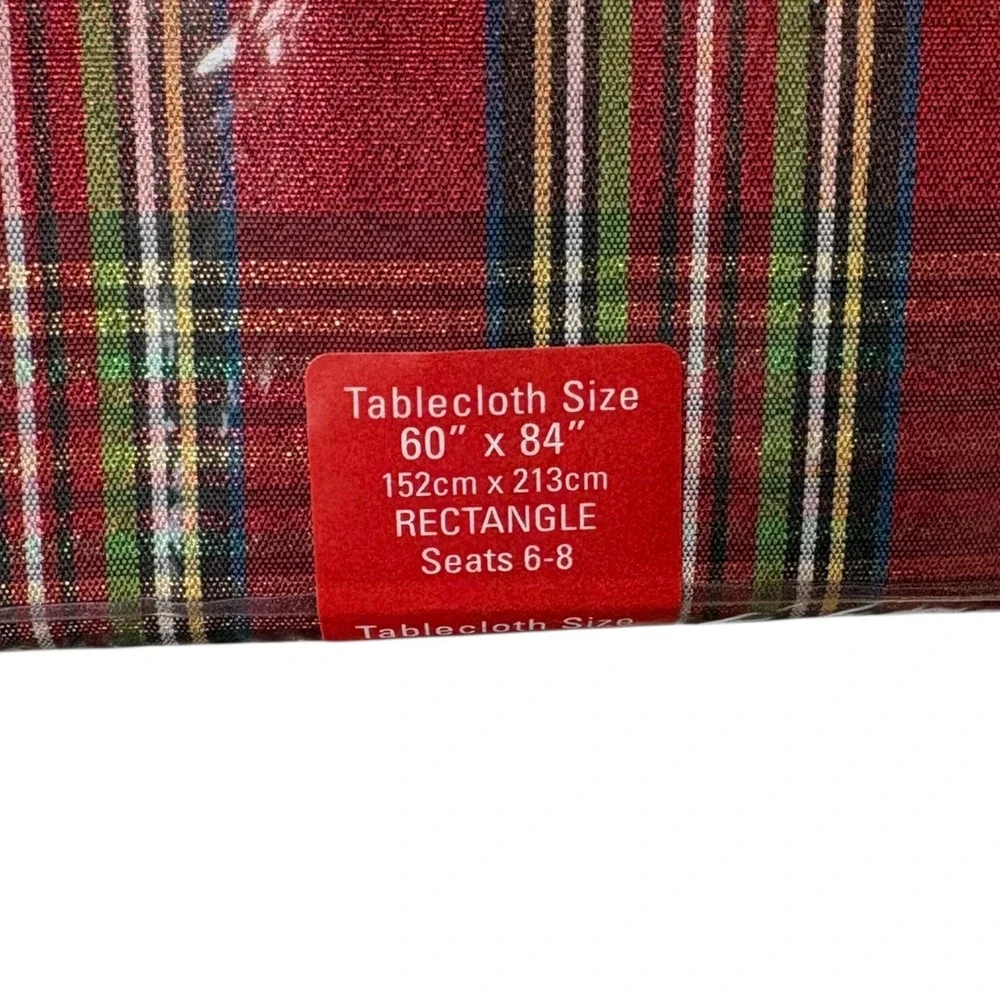 Lenox Holiday Nouveau Dazzle Tablecloth 60x84 Red Green Gold Plaid Metallic NEW‎